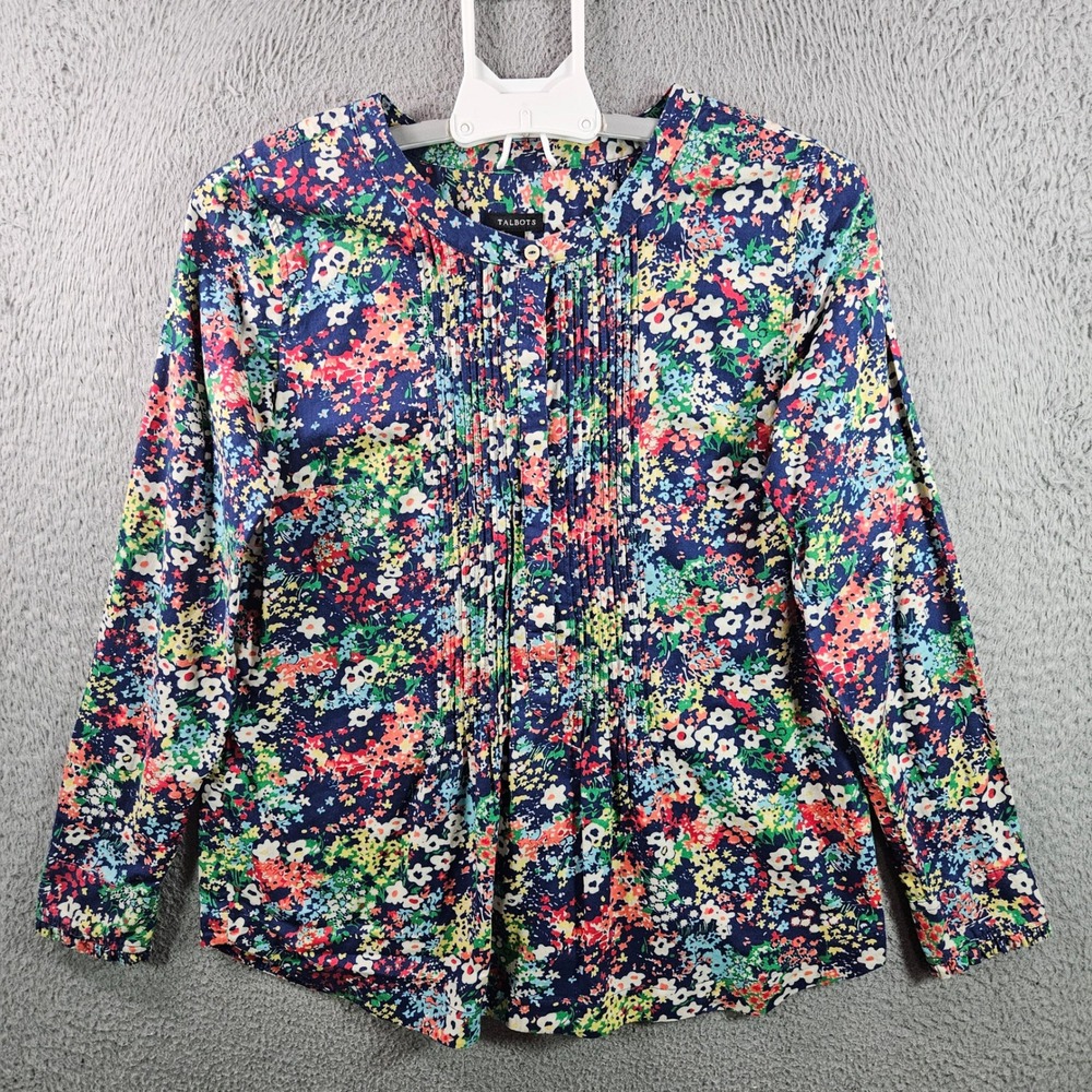 Talbots Womens Floral Print Long Sleeve Pintuck‎ Blouse Size S Navy Multi Color